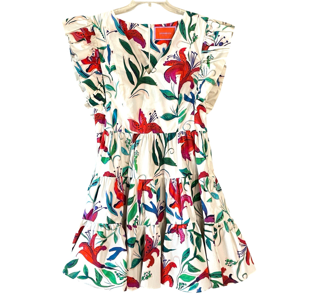 La DOUBLEJ Honeybun Women's Size Large Floral Cotton Tiered Mini Dress Italy NEW - Picture 1 of 16